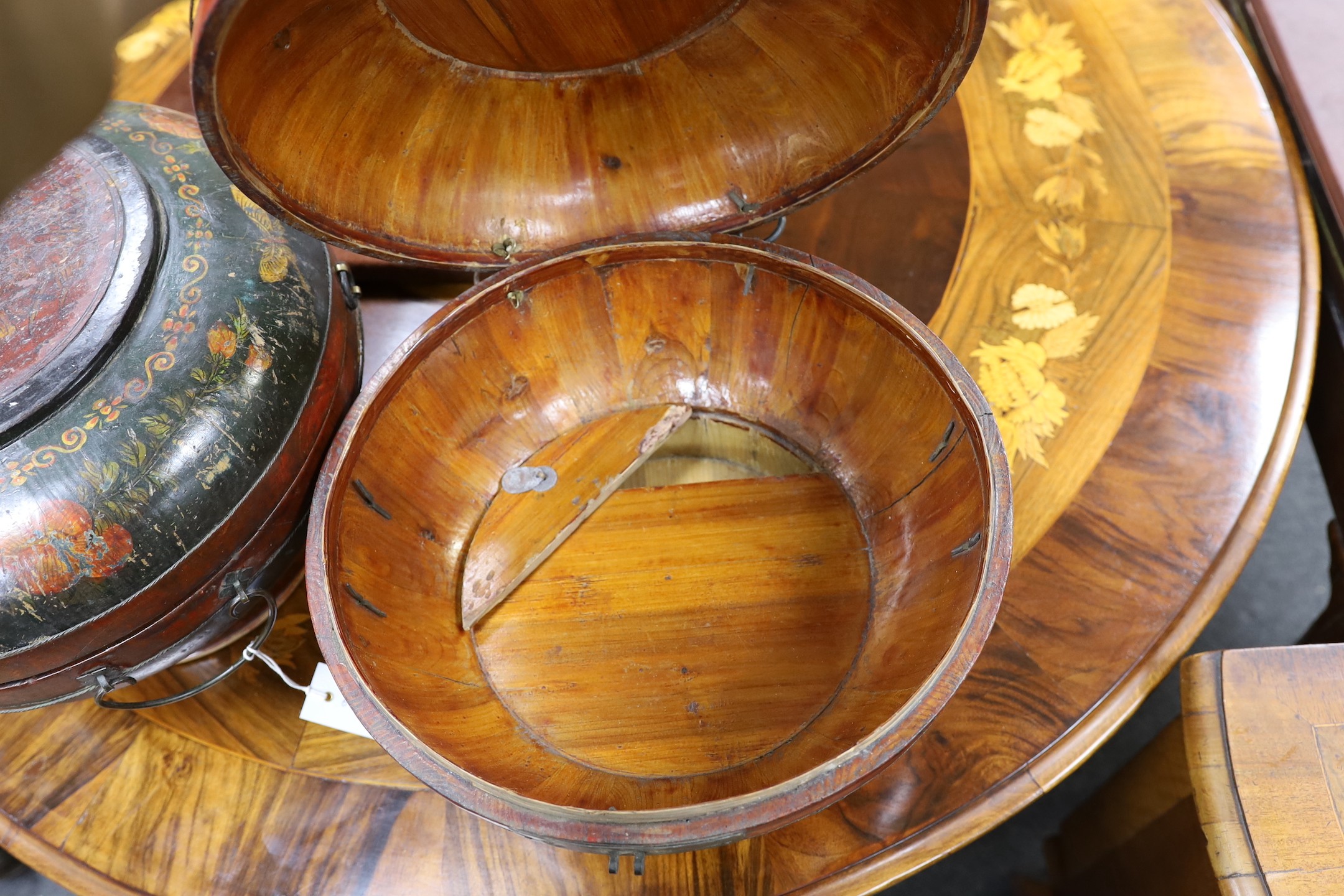 Two similar Southern Chinese polychrome lacquered wedding baskets